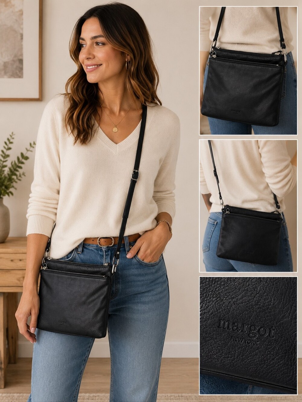 margot Black Leather Crossbody Organizer